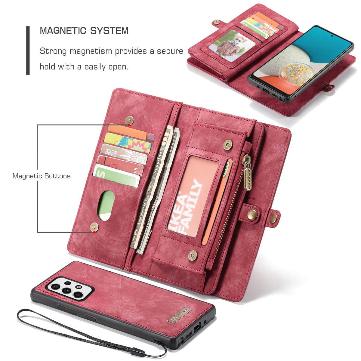 Simicoo Simicoo Samsung Galaxy S24 Plus Wallet Leather Case Detachable Magnetic Zipper Flip with 11 Card Slots and Wrist Strap in Red - View 3 of 7