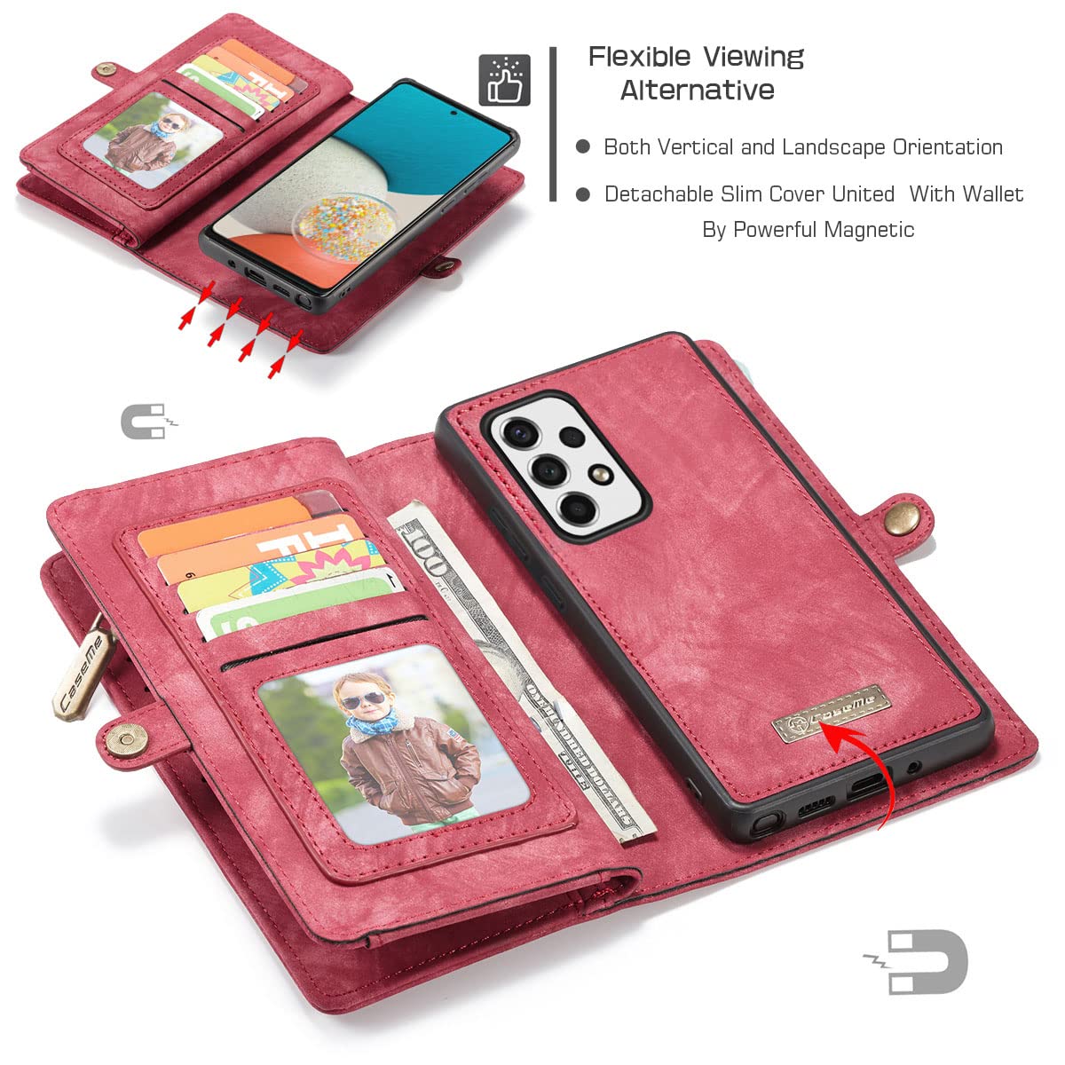 Simicoo Simicoo Samsung Galaxy S24 Plus Wallet Leather Case Detachable Magnetic Zipper Flip with 11 Card Slots and Wrist Strap in Red - View 5 of 7