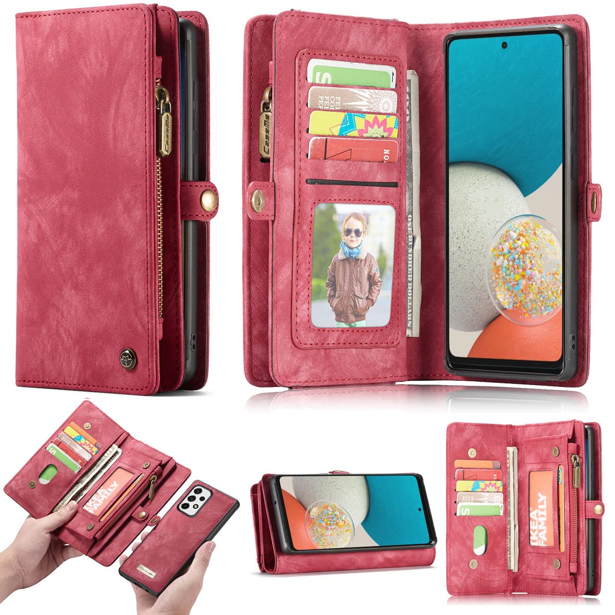 Simicoo Samsung Galaxy S24 Plus Wallet Leather Case Detachable Magnetic Zipper Flip with 11 Card Slots and Wrist Strap in Red