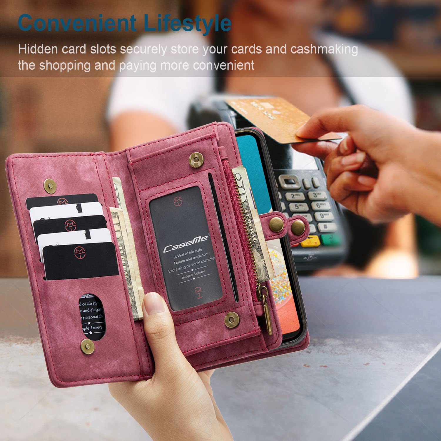 Simicoo Simicoo Samsung Galaxy S24 Plus Wallet Leather Case Detachable Magnetic Zipper Flip with 11 Card Slots and Wrist Strap in Brown - View 7 of 7