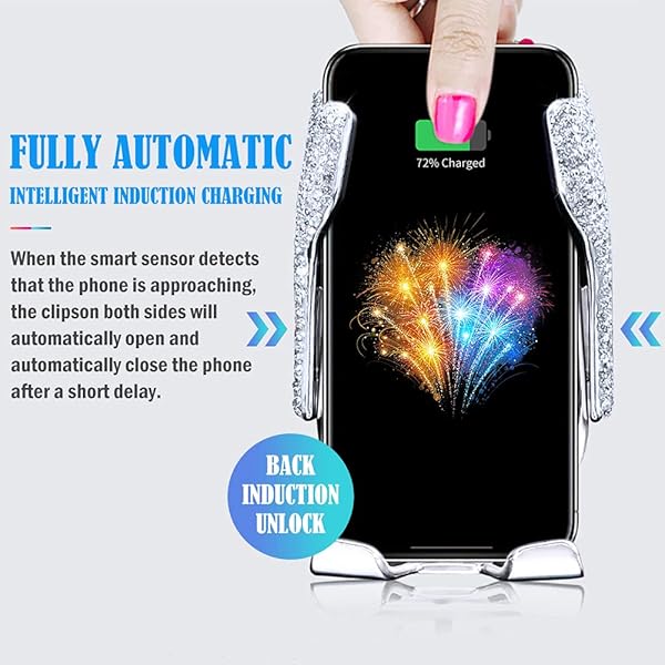 eing Bling Car Phone Mount and Wireless USB Charger Automatic Clamping Holder Compatible with iPhone Xs Max XR X 8 Silver - View 3 of 7