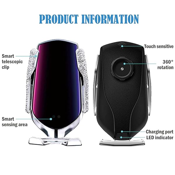 eing Bling Car Phone Mount and Wireless USB Charger Automatic Clamping Holder Compatible with iPhone Xs Max XR X 8 Silver - View 6 of 7