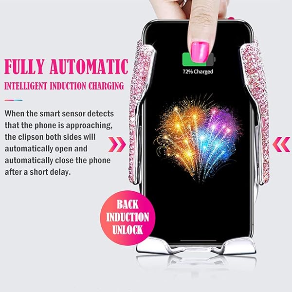 eing Bling Car Phone Mount Wireless USB Charger Dashboard Cup Holder Automatic Clamping Fast Charger for iPhone Xs Max XR X 8 Pink - View 3 of 8