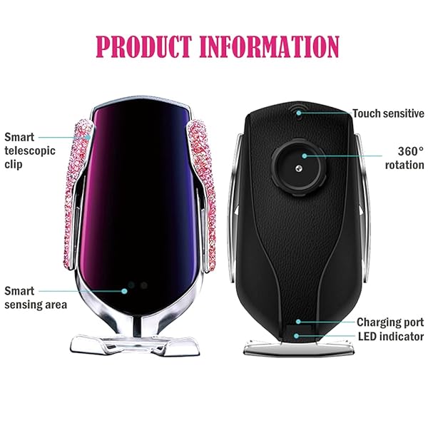 eing Bling Car Phone Mount Wireless USB Charger Dashboard Cup Holder Automatic Clamping Fast Charger for iPhone Xs Max XR X 8 Pink - View 7 of 8