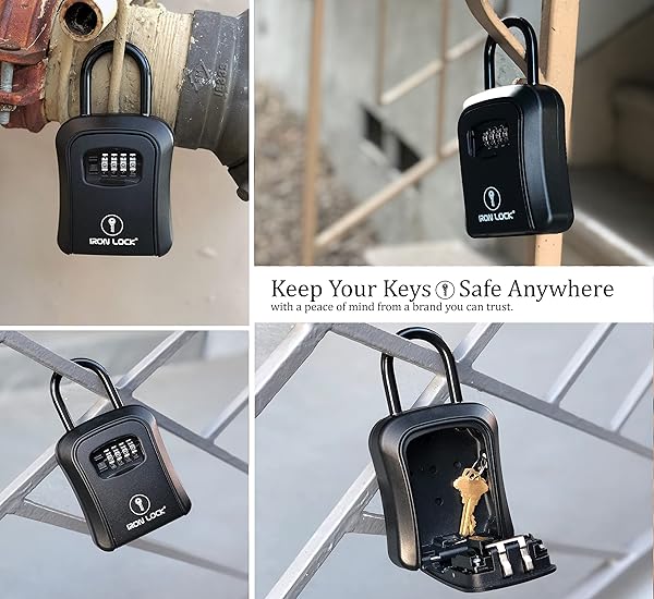 Iron Lock Iron Lock Key Lock Box Portable Waterproof 4 Digit Combination Removable Shackle Indoor Outdoor Holds 5 Spare Keys Wall Mounted - View 4 of 8