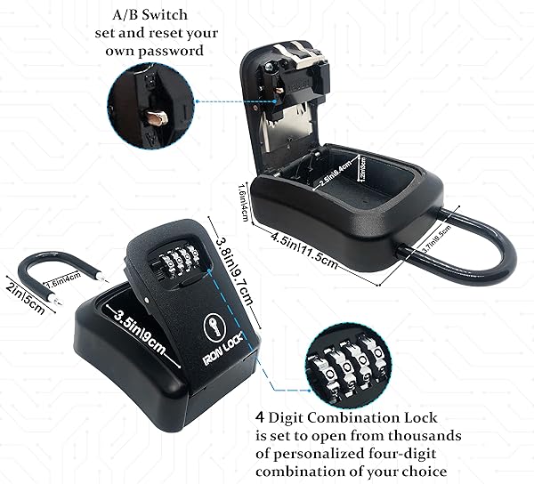 Iron Lock Iron Lock Key Lock Box Portable Waterproof 4 Digit Combination Removable Shackle Indoor Outdoor Holds 5 Spare Keys Wall Mounted - View 7 of 8