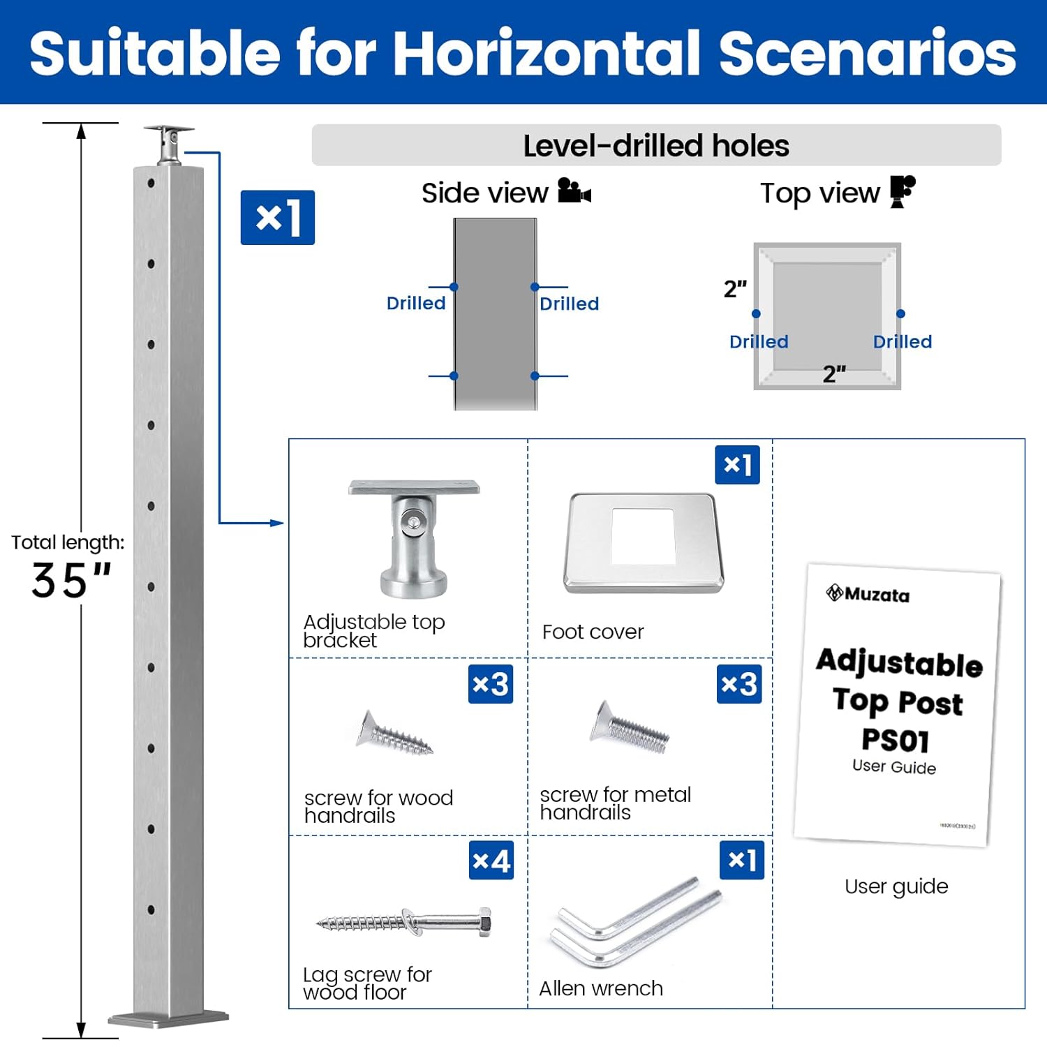 Muzata "Buy Muzata 36" Cable Railing Post Kit - Brushed T304 Stainless Steel for Indoor/Outdoor Use | Easy Install Guide Included" - View 2 of 7