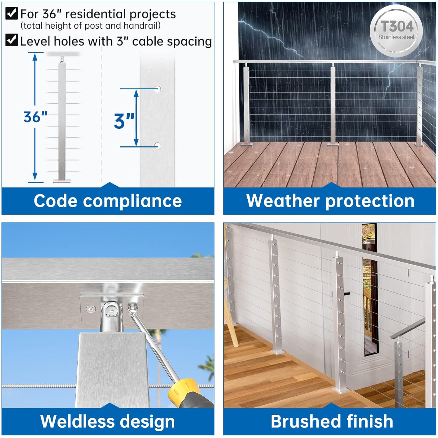 Muzata "Buy Muzata 36" Cable Railing Post Kit - Brushed T304 Stainless Steel for Indoor/Outdoor Use | Easy Install Guide Included" - View 3 of 7