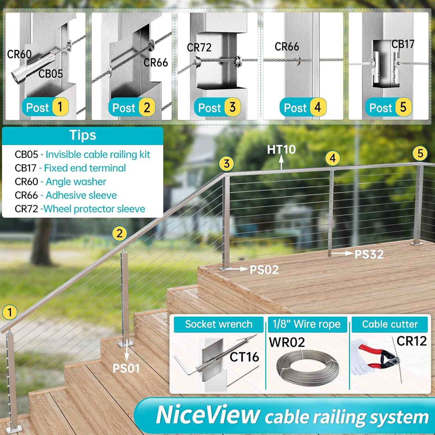Muzata "Buy Muzata 36" Cable Railing Post Kit - Brushed T304 Stainless Steel for Indoor/Outdoor Use | Easy Install Guide Included" - View 4 of 7