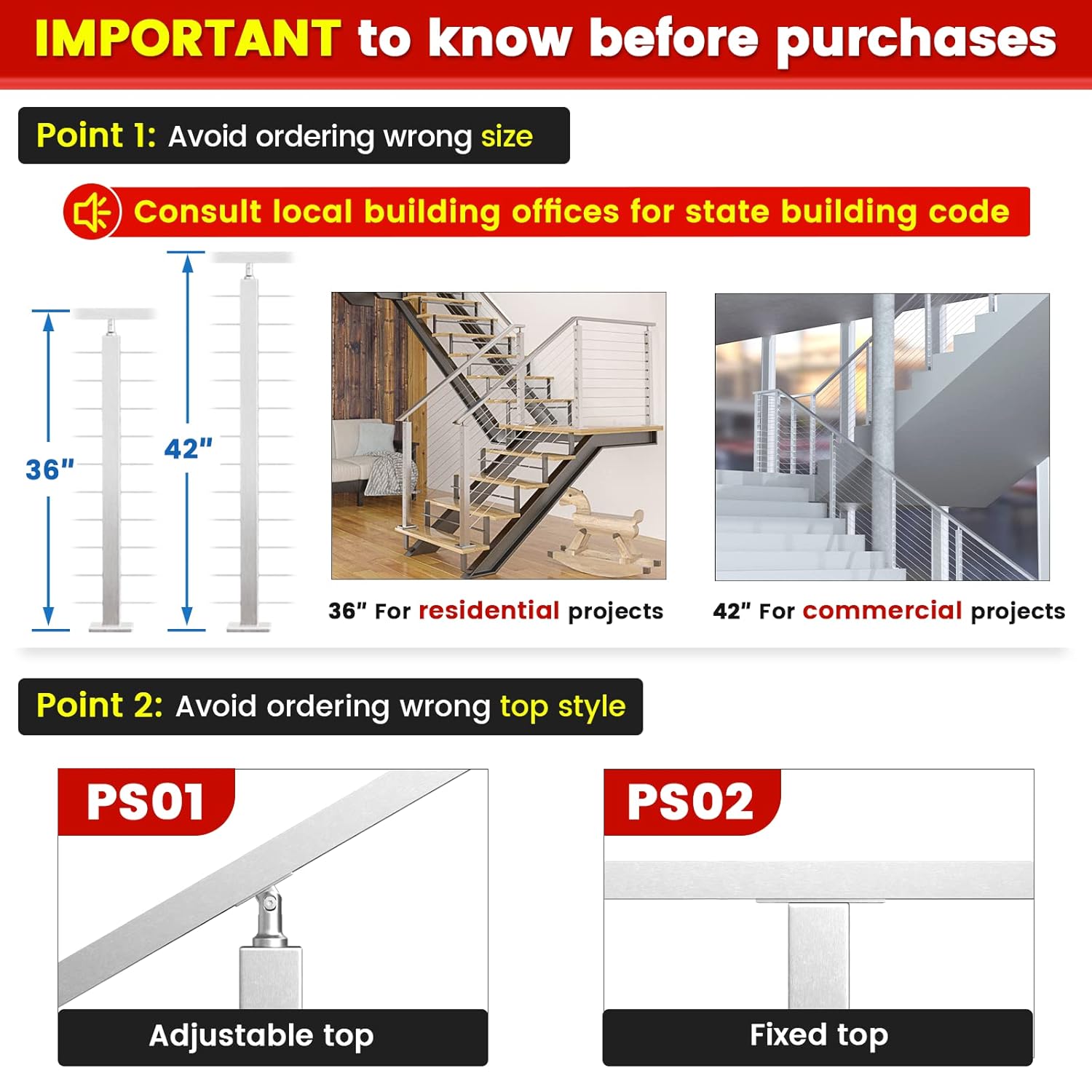 Muzata "Buy Muzata 36" Cable Railing Post Kit - Brushed T304 Stainless Steel for Indoor/Outdoor Use | Easy Install Guide Included" - View 6 of 7