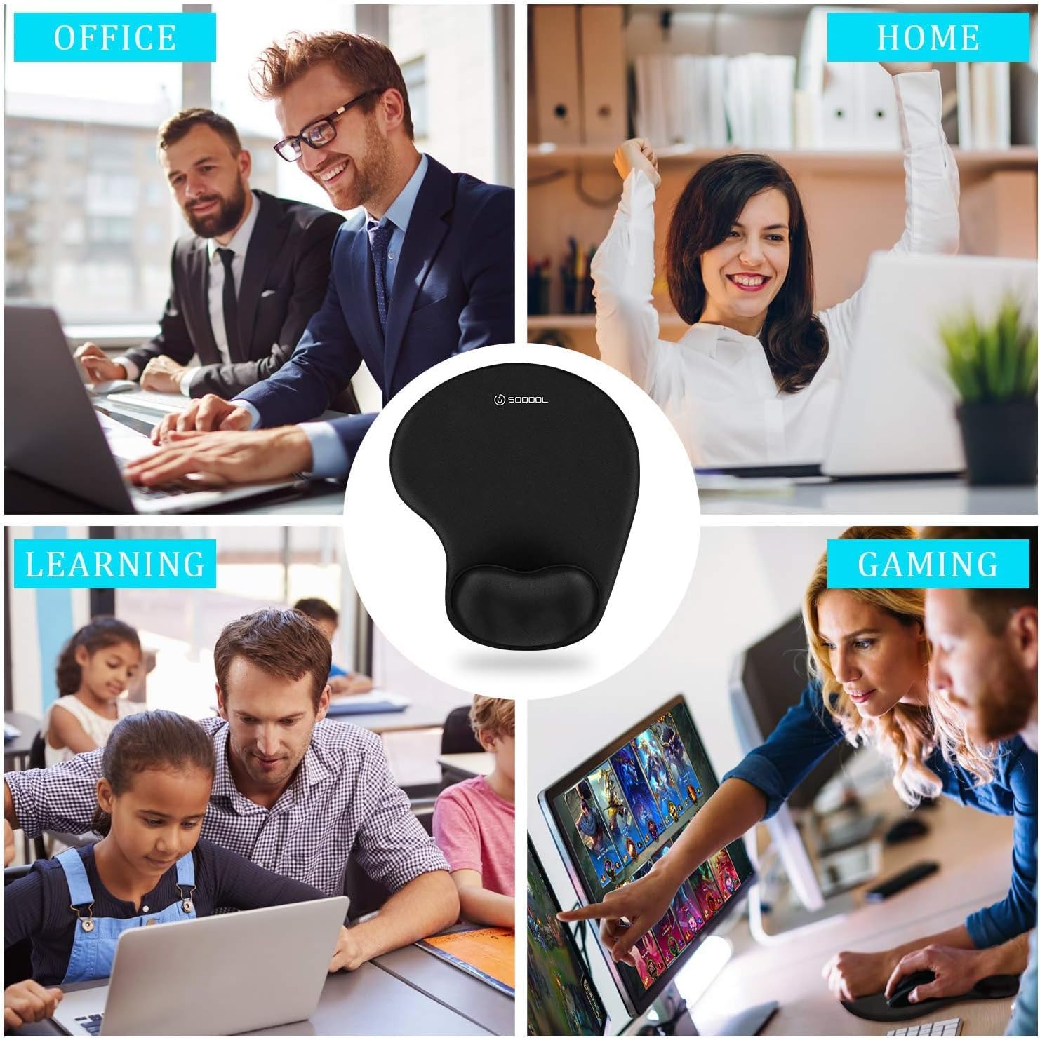 Soqool Ergonomic Mouse Pad 2 Pack with Gel Wrist Rest Non-Slip Base for Comfort and Pain Relief Durable Easy to Clean Black - View 6 of 7