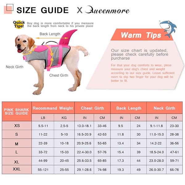 Queenmore Queenmore Dog Life Jacket Shark Safety Vest Adjustable High Buoyancy Durable Rescue Handle for Small Medium Large Dogs Pink X-Large - View 3 of 7