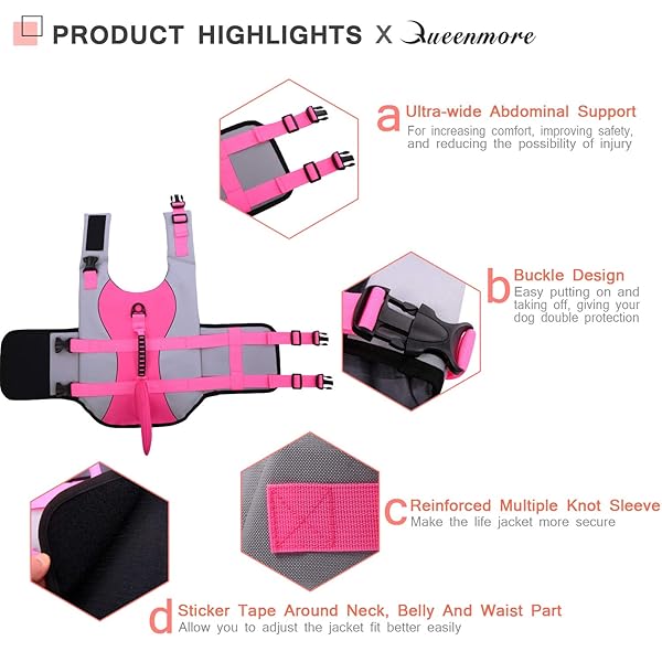 Queenmore Queenmore Dog Life Jacket Shark Safety Vest Adjustable High Buoyancy Durable Rescue Handle for Small Medium Large Dogs Pink X-Large - View 5 of 7