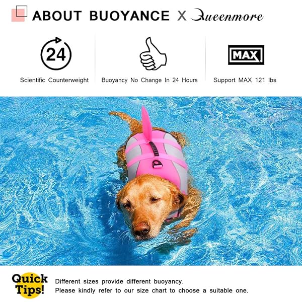 Queenmore Queenmore Dog Life Jacket Shark Safety Vest Adjustable High Buoyancy Durable Rescue Handle for Small Medium Large Dogs Pink X-Large - View 6 of 7