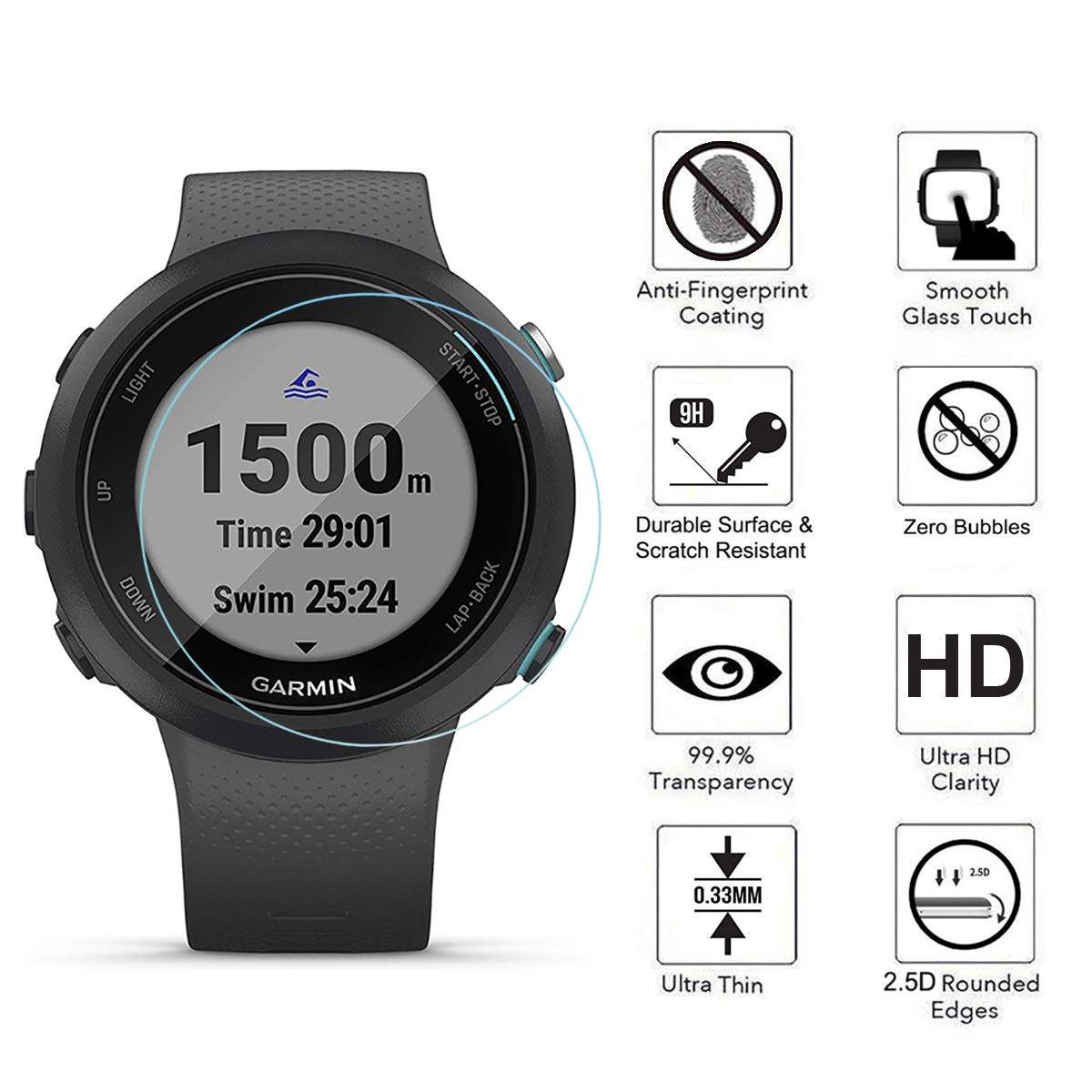 AKWOX AKWOX 4 Pack Tempered Glass Screen Protector for Garmin Swim 2 Watch High Definition 9H Hardness Anti Scratch Bubble Free - View 2 of 7