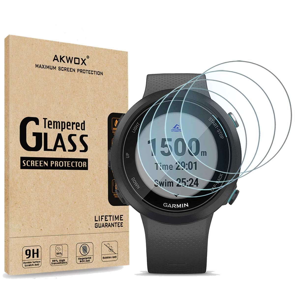 AKWOX AKWOX 4 Pack Tempered Glass Screen Protector for Garmin Swim 2 Watch High Definition 9H Hardness Anti Scratch Bubble Free
