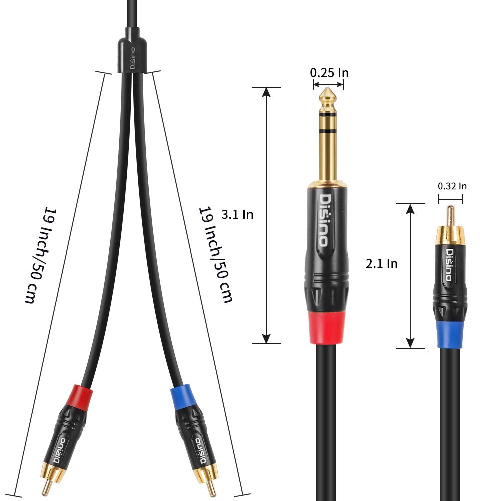 Disino RCA to 1/4 Insert Cable 6.35mm TRS Male to Dual RCA Audio Y Splitter 3.3 FT 1Meter - View 3 of 7