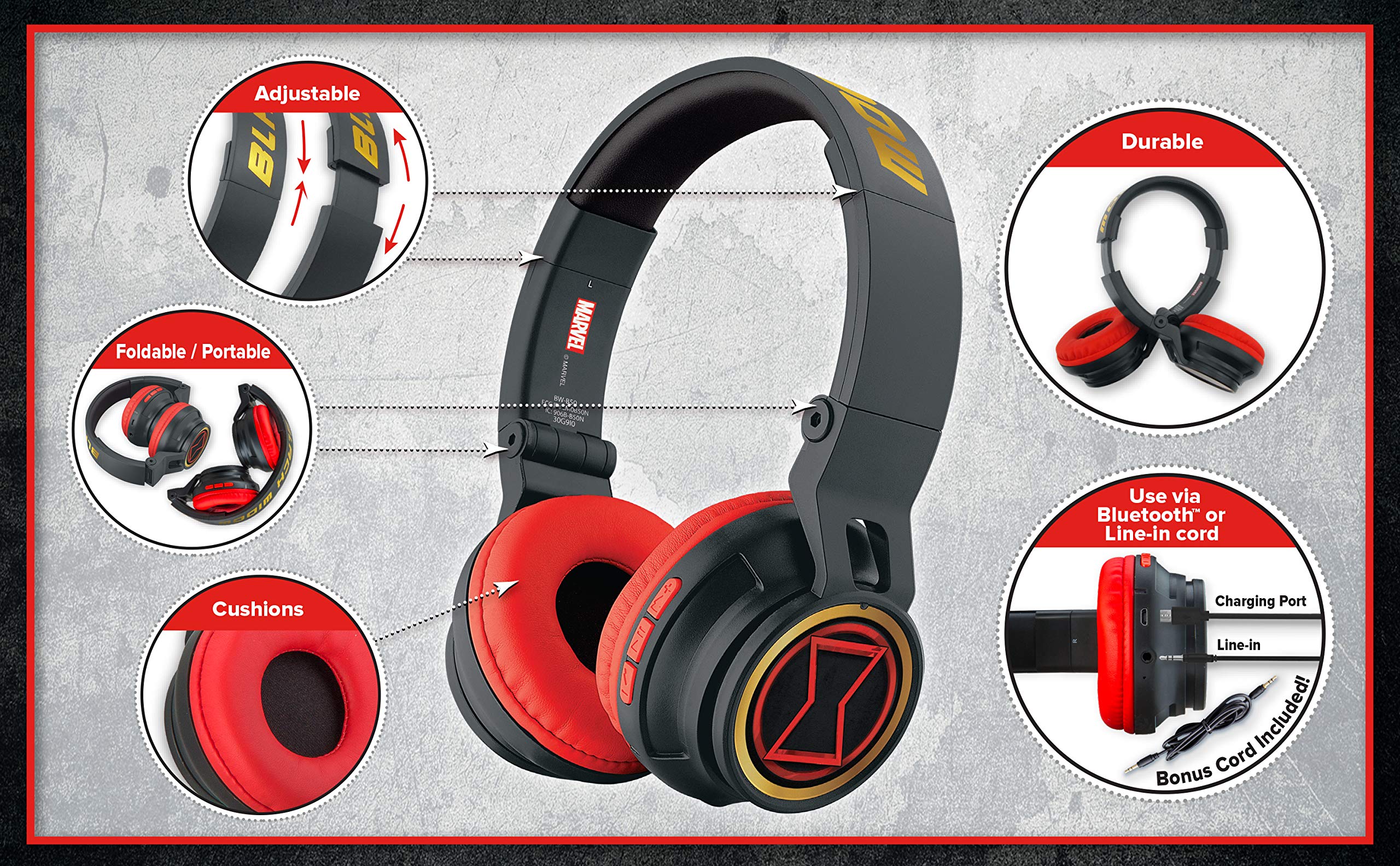 eKids eKids Black Widow Kids Bluetooth Headphones: Wireless, Foldable, Volume Reduced with Microphone for School & Travel - View 5 of 8