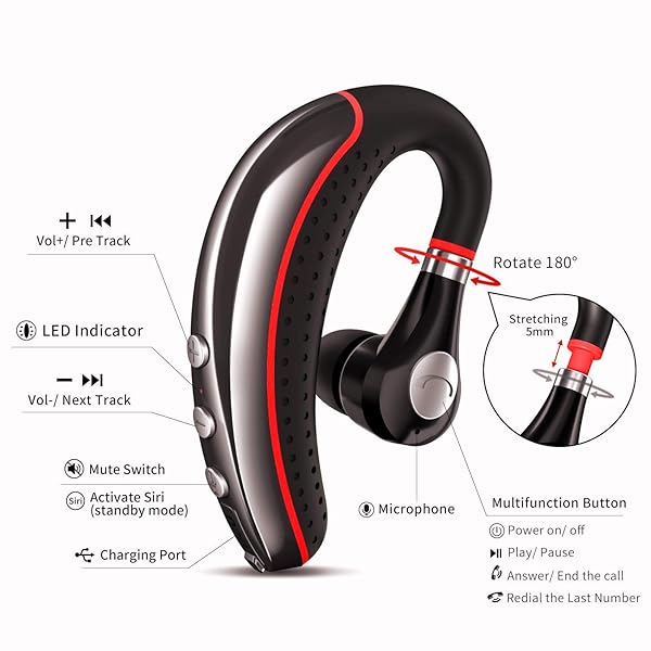 OPINAY OPINAY Bluetooth Headset Wireless V5.0 Lightweight Sweatproof Earpiece with Mic for Cell Phones Office Workout Driving Red - View 3 of 8
