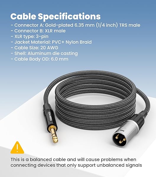 Tisino tisino 1/4&amp;quot; to XLR Cable, 6.35mm TRS to XLR Male Nylon Braid Quarter inch TRS to XLR Male Balanced Interconnect Microphone Cord Patch Cable - 15ft - View 7 of 8