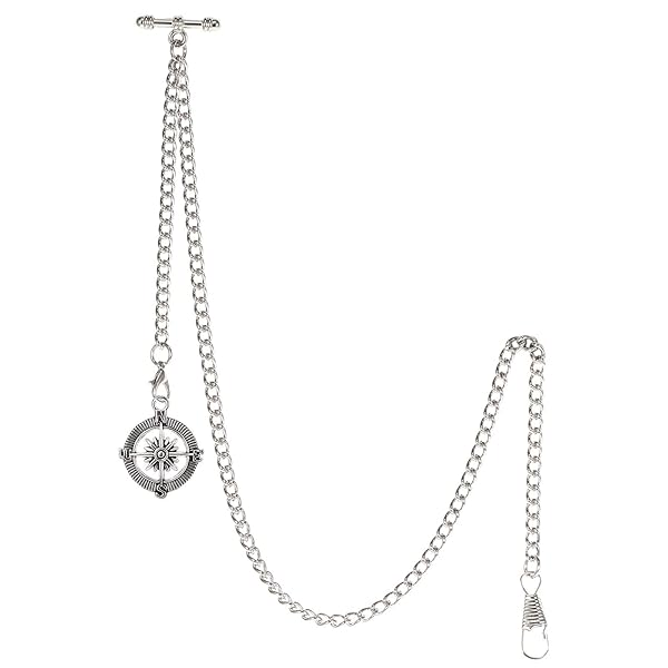 TREEWETO TREEWETO Men's Albert Chain Pocket Watch with Antique Compass & Curb Link Key Chain - Stylish Silver Pendant Fob
