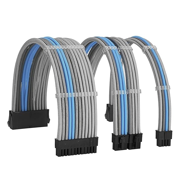 Formulamod Formulamod Sleeve Extension Power Supply Cable Kit 18AWG ATX 24P EPS 8P PCI-E8P Combs for PSU to Motherboard GPU Silver Grey Sky Blue