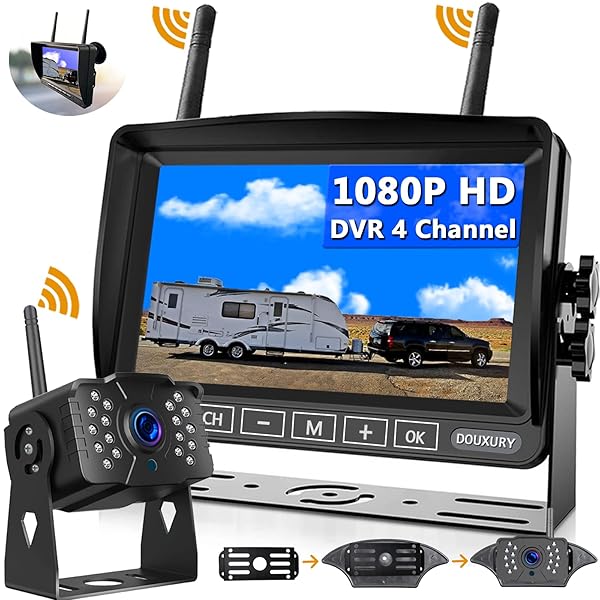 DOUXURY Wireless Backup Camera, DOUXURY IP69 Waterproof 170Â° Wide View Angle HD 1080P Backup Camera + HD LCD 7" Monitor, Digital Wireless Backup Camera System for RV Truck 5th Wheel Trailer Pickup Camper Bus