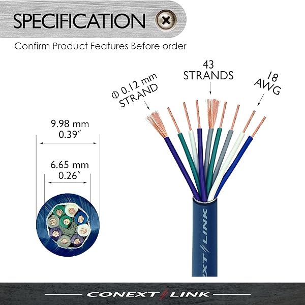 Conext Link Conext Link MSC918-20: 20ft 9-Conductor 18 AWG Blue Speaker Cable - 100% OFC Copper for Trailers - View 4 of 7