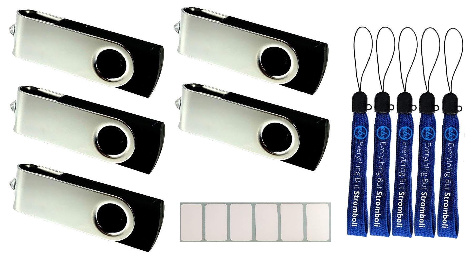 128GB Flash Drives 5 Pack Bulk Black USB 3.0 Memory Bundle with Lanyards and White Labels for Pendrive Flashdrive