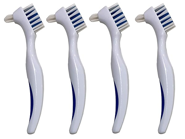 Juniper's Secret Denture Cleaner Brushes Dual Sided Toothbrush Ergonomic Handle Dental Care Cleaning Brush Set 4-Pack with Free Eyeglass Pouch