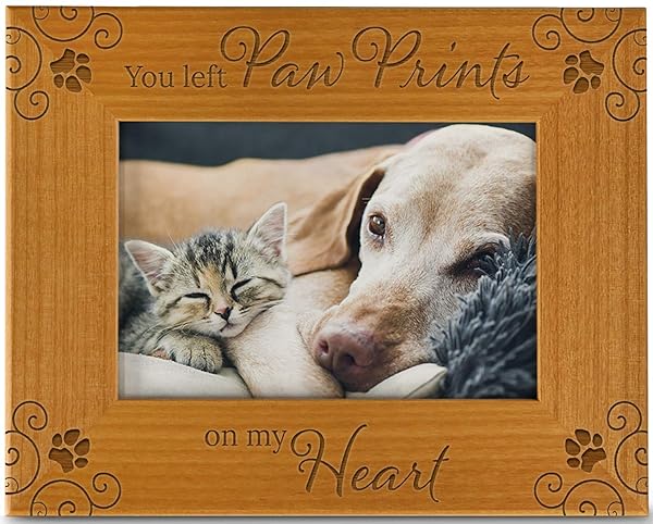 CEDAR CRATE MARKET CEDAR CRATE MARKET You Left Paw Prints On My Heart Pet Memorial Picture Frame Engraved Natural Wood 4x6 Horizontal Portrait Frame for Animal Lovers