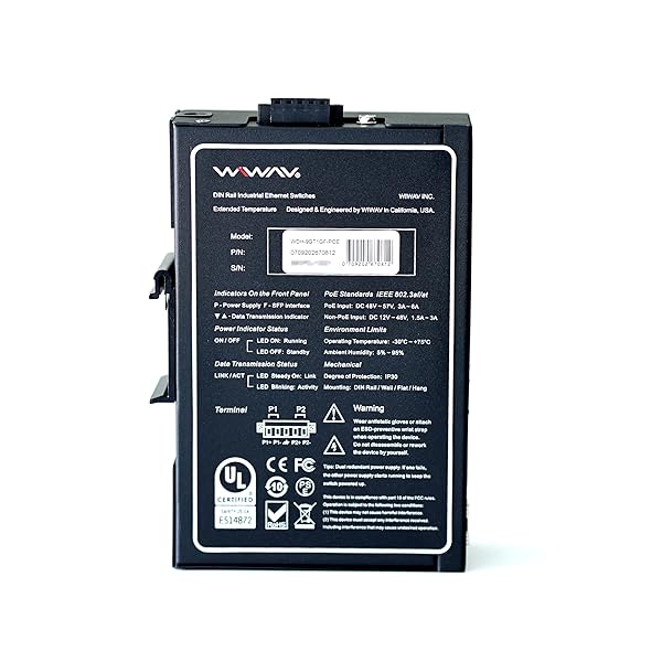 WIWAV WIWAV WDH-9GT1GF-POE 10 Port PoE Gigabit Unmanaged Industrial Ethernet Switch for DIN Rail Wall Mount IP30 - View 3 of 6