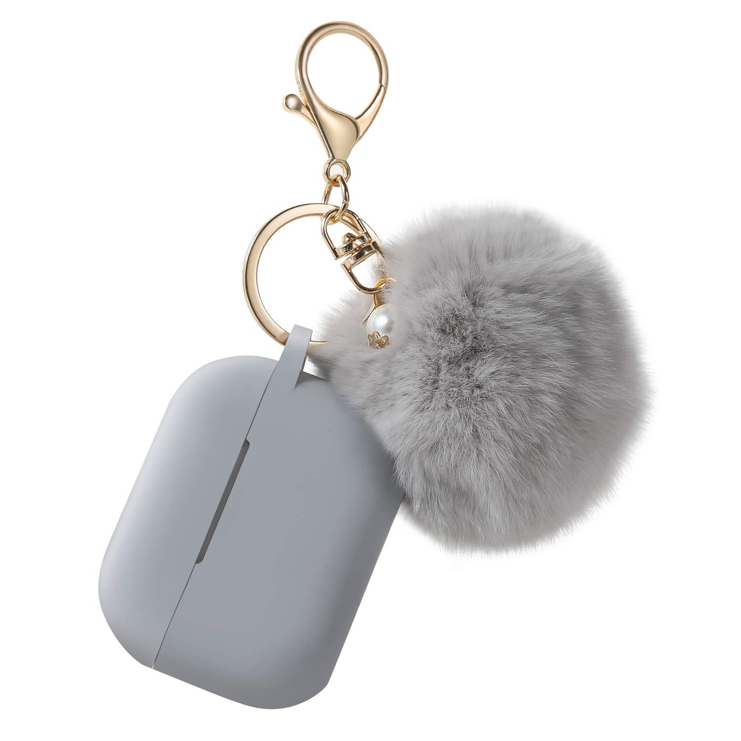 Cypher.V Upgraded Grey Silicone Protective Case Cover for Airpods Pro with Cute Pom Pom Keychain Kit