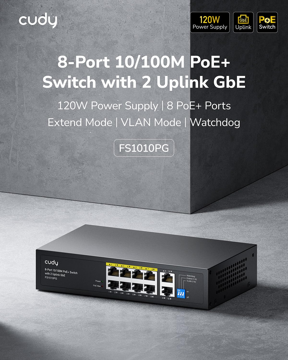 Cudy Cudy 8 Port Fast Ethernet PoE Switch 10/100Mbps with 8 PoE+ Ports 120W Plug and Play Sturdy Metal Design - View 2 of 9