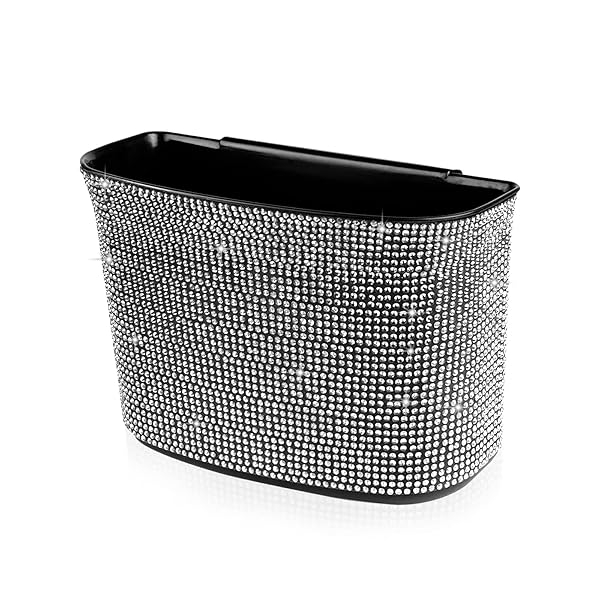 Bling Crystal Car Trash Can 100% Leak Proof Auto Storage Bin for Backside Gearshift Center Console Pure White 1 Pack