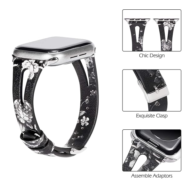 Wearlizer Wearlizer Black White Floral Leather Apple Watch Bands 38mm 40mm 41mm Compatible with iWatch SE Triangle Hole Strap Replacement Silver Clasp - View 8 of 9