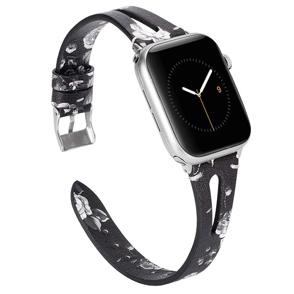 Wearlizer Wearlizer Black White Floral Leather Apple Watch Bands 38mm 40mm 41mm Compatible with iWatch SE Triangle Hole Strap Replacement Silver Clasp - View 3 of 9
