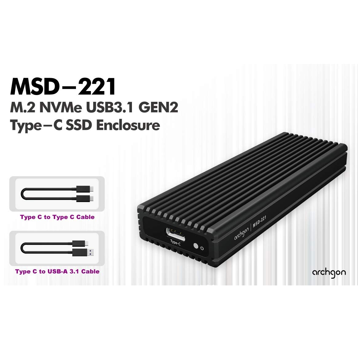 Archgon External SSD Enclosure USB 3.1 Gen 2 NVMe with USB-C and USB-A Cables for M.2 PCIe Solid State Drives Model MSD-221 Black - View 2 of 6