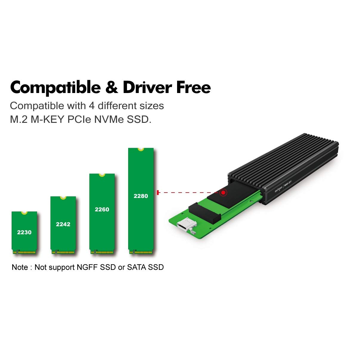 Archgon External SSD Enclosure USB 3.1 Gen 2 NVMe with USB-C and USB-A Cables for M.2 PCIe Solid State Drives Model MSD-221 Black - View 3 of 6