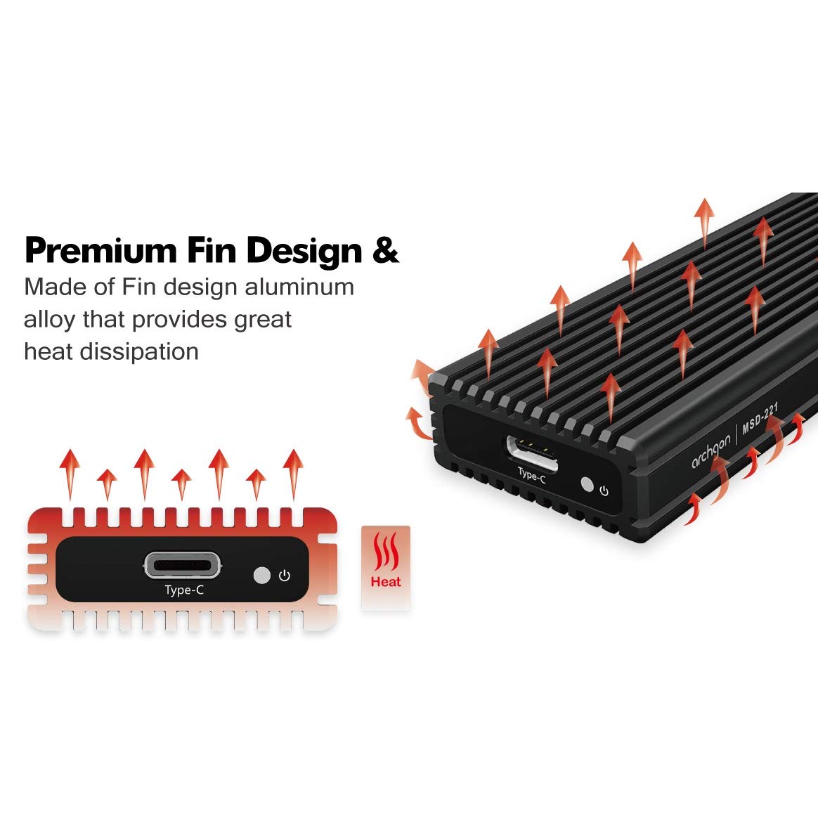 Archgon External SSD Enclosure USB 3.1 Gen 2 NVMe with USB-C and USB-A Cables for M.2 PCIe Solid State Drives Model MSD-221 Black - View 4 of 6