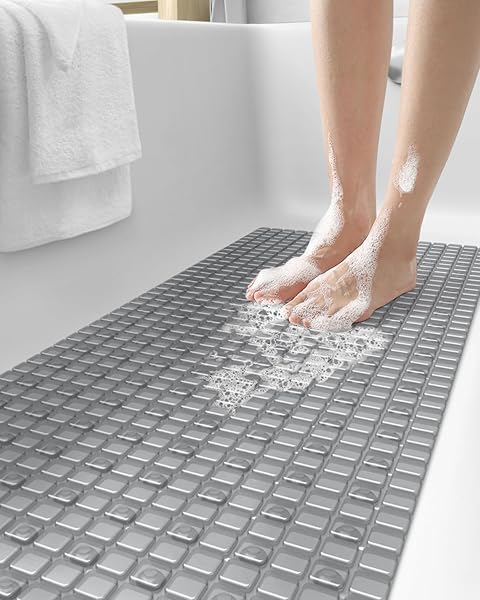 DEXI DEXI Non-Slip Bath Tub Shower Mat 16x39 - Extra Long, Suction Cups, Drain Holes, Machine Washable, Clear Grey
