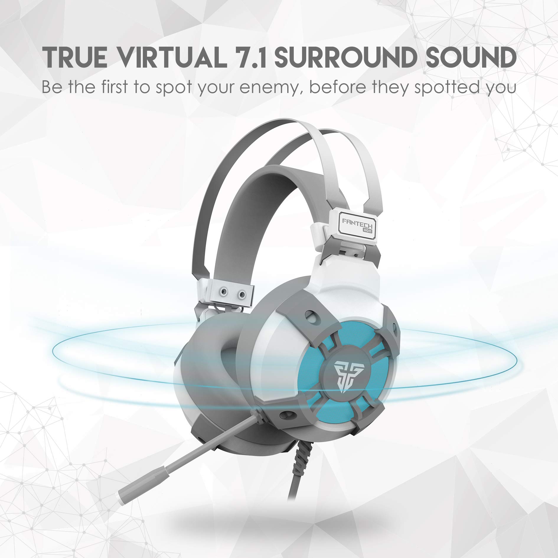FANTECH USB RGB Gaming Headset and Stand Combo 71 Surround Sound Wired Headphones with Mic and Hanger for PC White - View 3 of 9
