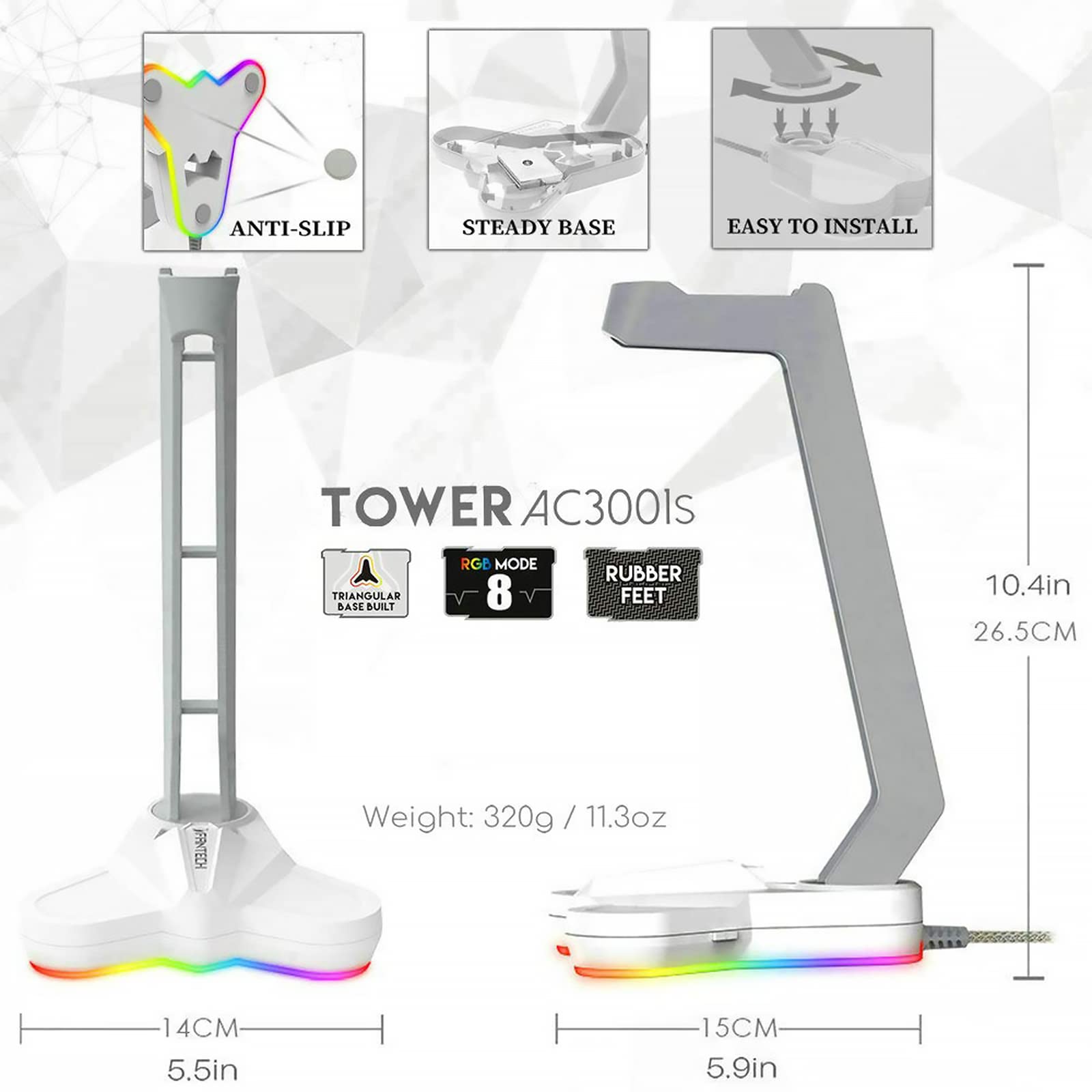 FANTECH USB RGB Gaming Headset and Stand Combo 71 Surround Sound Wired Headphones with Mic and Hanger for PC White - View 8 of 9