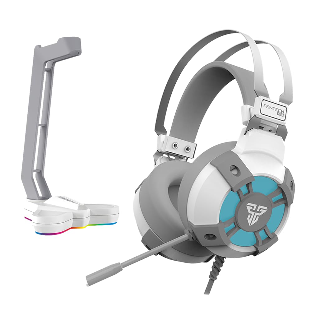 FANTECH USB RGB Gaming Headset and Stand Combo 71 Surround Sound Wired Headphones with Mic and Hanger for PC White