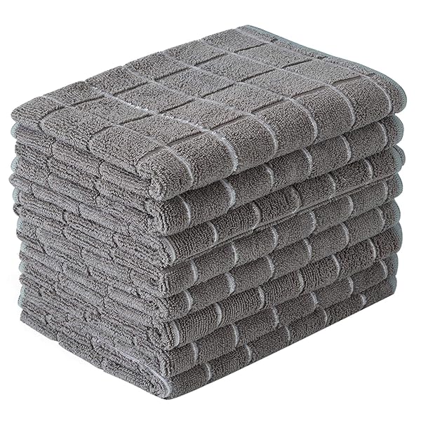 HYER KITCHEN Microfiber Dish Towels 8 Pack - Soft, Absorbent & Lint-Free Kitchen Towels in Gray Lattice Design - 26x18 Inch