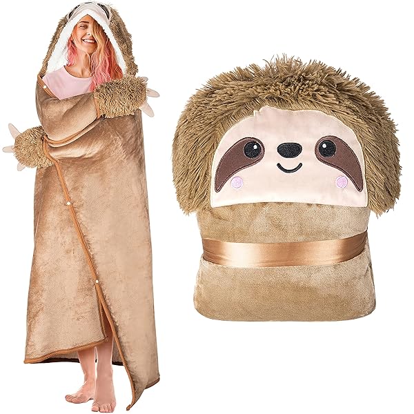 Happy Fuel Cozy Sloth Wearable Hooded Blanket for Adults - Soft Plush Fleece & Sherpa Gift for Women, Kids & Teens