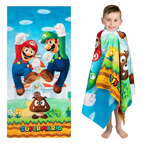 Franco Franco Super Mario Kids Towel - Soft Cotton Bath/Pool/Beach Towel 58x28 in | Official Nintendo Merchandise