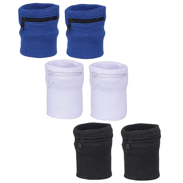 Chris.W Chris.W 3 Pairs Sports Wristband Zipper Sweatband Wrist Wallet Key Pocket for Running Cycling Jogging Black Blue White One Size Fits Most