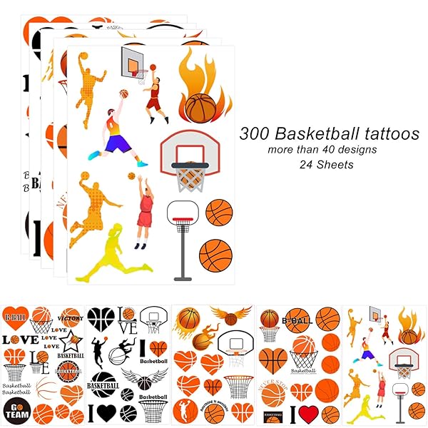 Oringaga Oringaga 300 Basketball Temporary Tattoos for Kids Sports Birthday Party Supplies Goodie Bag Stuffers Motivational Stickers 24 Sheets - View 2 of 5