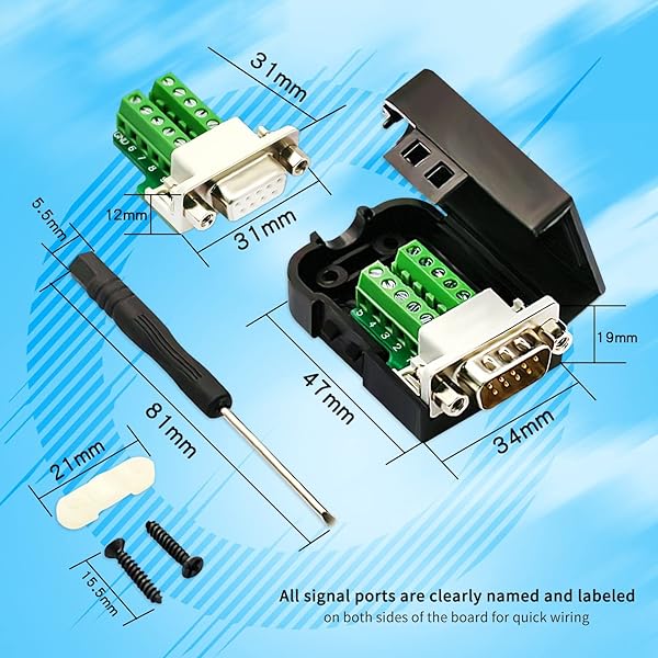 CenryKay DB9 Male Female Solderless Connector - RS232 D-SUB Breakout Board with Case & Long Bolts - View 4 of 9